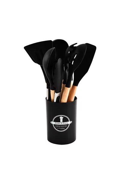 BKC HOME 13 Pieces Silicone Colander Scoop Beater Spoon Brush Spatula Tongs Serving Set Kitchenware with Bamboo Handle