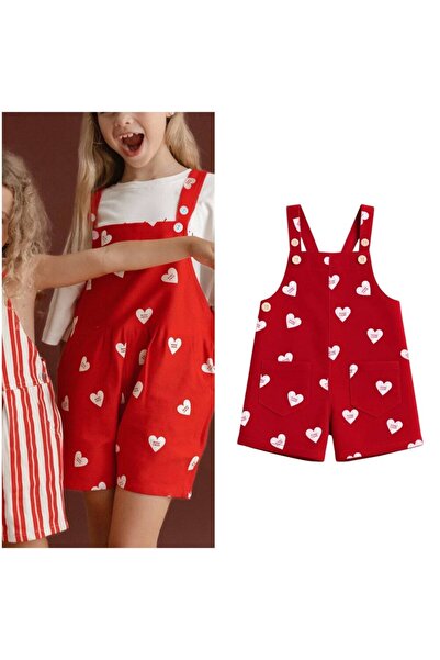 Genel Markalar Kız Çocuk Oversize Kanvas Kumaş kırmızı ikili Salopet takım