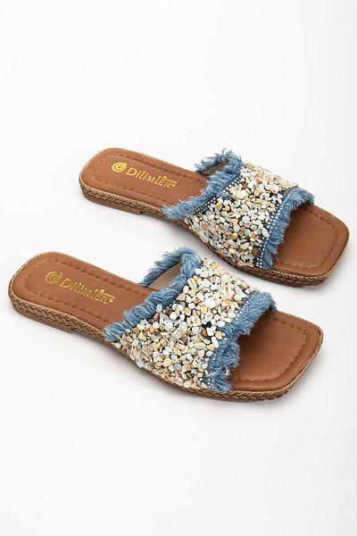 Dilimler Ayakkabı Papuci de damă cu toc plat Blue Stone Tassel Gros Tekband