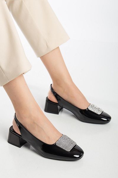 Dilimler Ayakkabı Large Size Women's Low Heeled Shoes Black Square Stone Open Heel