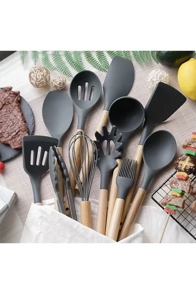 BKC HOME 13 Pieces Silicone Colander Scoop Beater Spoon Brush Spatula Tongs Serving Set Kitchenware with Bamboo Handle