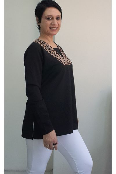 Mertcan Butik Black Leopard Print Long-Sleeved Combed Viscose T-Shirt