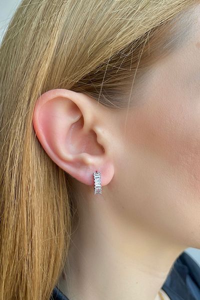 Bijou Luz Silver Baguette Stone Detailed Hoop Earrings