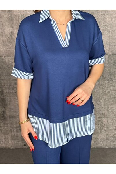 JANES Women's Modal Fabric Striped Shirt Collar Double Set