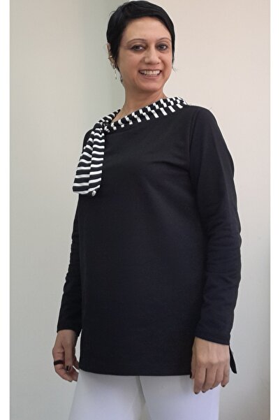 Mertcan Butik Black Boat Neck Black and White Stripe Color Block Long-Sleeve Combed Viscose T-Shirt