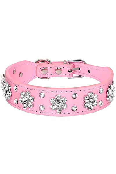 REDz Accessories Guler cu flori și strasuri, mărime M, lungime 38 cm, reglabil, la modă, aspect piele, roz