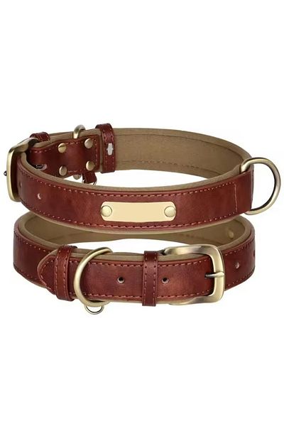 REDz Accessories Zgardă clasică cu placă inscripționabilă, mărimea S, lungime 32 cm, reglabilă, aspect piele, maro