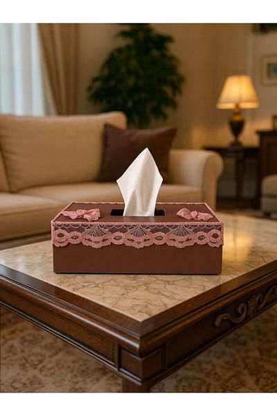 Fun Life Handmade Wooden Handkerchief Box with Lace Detail - Dark Pink