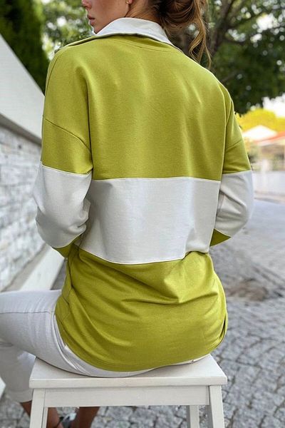 bacc Women's Oil Green Zippered Color Block Polo Collar Loose Sweatshirt Bcbsk-25700-3471