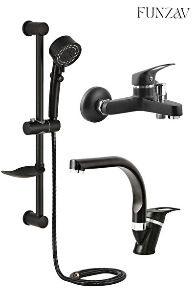 funzav Lahza Siyah Duş Seti Banyo Lavabo Bataryası Mix Pervaneli tasarufflu D...