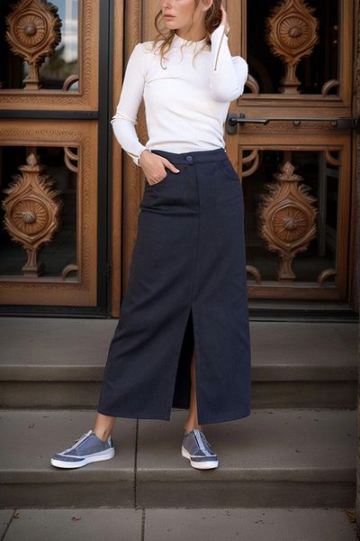 bacc Black High Waist Pocket Front Slit Long Gabardine Skirt Bcbsk-25700-3456