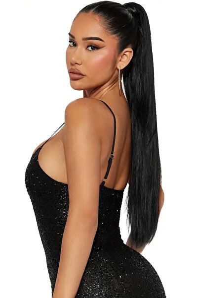 CAŞ DEKORASYON Siyah Renk Çıtçıtlı Düz At Kuyruğu Saç