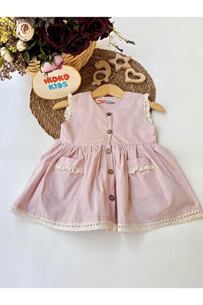 ikokokids Gri Kız Bebek Cepli Keten Elbise