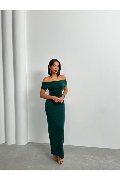 BEJNA Women's Green Madonna Collar Long Dress