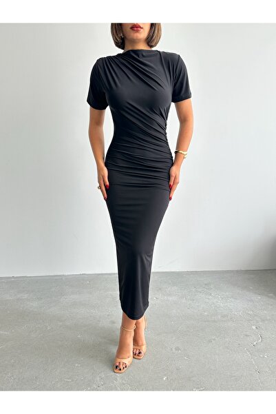 BEJNA Women's Black Short Sleeve Draped Dress