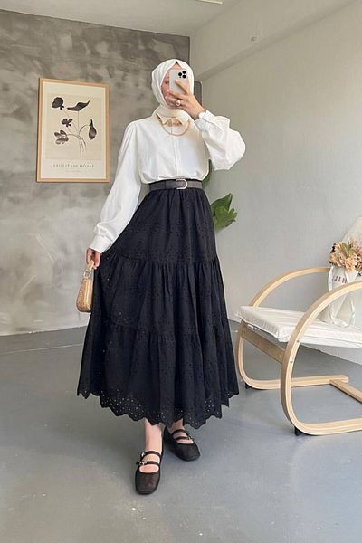 Denivy Embroidery Detailed Layered Long Skirt Dnv-000109