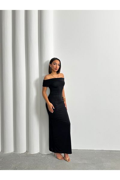 BEJNA Women's Black Madonna Collar Long Dress