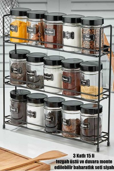 METALAY 15-Piece Round Glass Jar Set with 3-Layer Metal Stand, 3-Layer 15-Piece Spice Jar Set