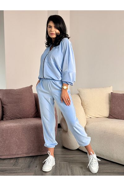 RAMONA BADESCU EXCLUSIVE Trening albastru din catifea pentru femei – Hanorac și pantaloni cu fermoar – XS-XL