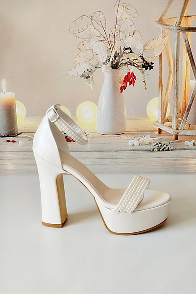 Modavien Dámské 13 cm platforma ecru kotníkové perly Svatební boty