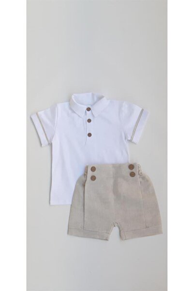 ikokokids طقم شورت قميص بحاري من الكتان باللون البيج للأطفال الرضع