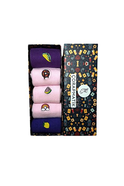 çorapmatik 5'li Özel Tasarım Kutulu %100 Pamuklu Renkli Nakışlı Uyumlu Tenis ...