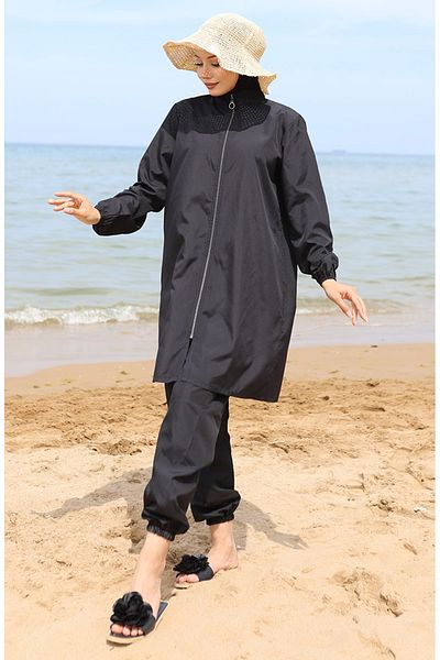 sefamerve Atlas 2-Pece Zippered Hijab μαγιό 9006-01 Μαύρο