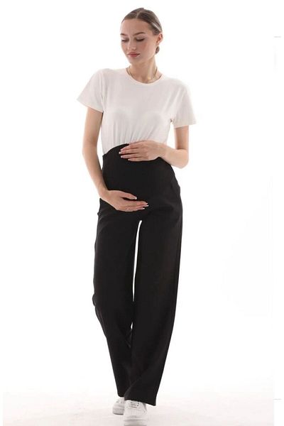 BIG LESSON Pantaloni de maternitate din gabardină cu bandă elastică pentru abdomen, talie reglabilă, cu picioare largi, NEGRI
