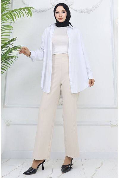 sefamerve Pantaloni cu picioare largi 4001-05 Bej