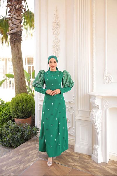İSM BUTİK Balloon Sleeve Dress with Pearls on the Front