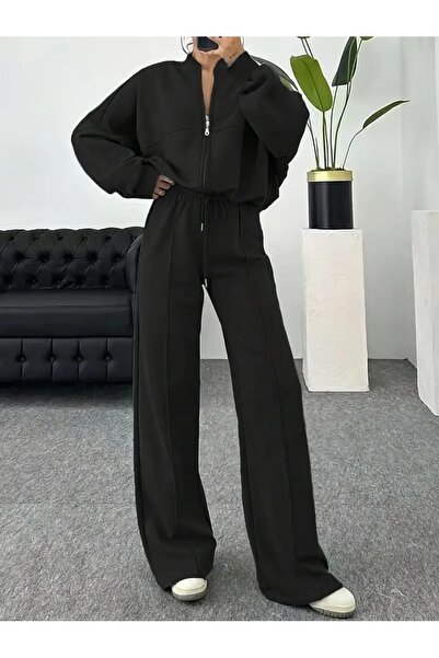 yx yustex sport Pantaloni de trening negri, largi, cu dungi în față, din mate...