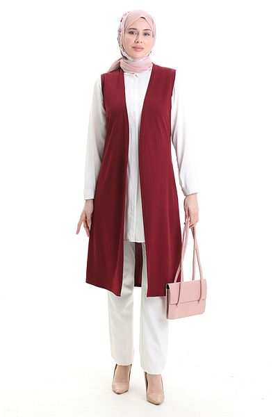 sefamerve Seasonal Long Basic Vest Plus Size Mother Vest 8748-02 Claret Red