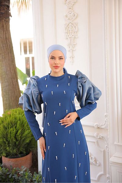İSM BUTİK Balloon Sleeve Dress with Pearls on the Front