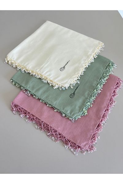 GÜNBATILI 3Pcs Handcrafted Hand Embroidered Solid Color Scarf Beaded Writing Yemenite Dowry Gift 100X100Cm