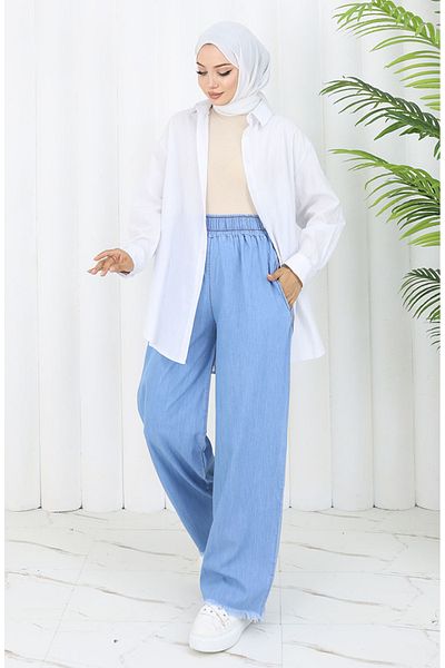 sefamerve Pantaloni din denim cu talie elastică 5827-01 Albastru deschis