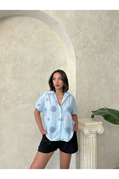 SUN STYLE Броде Вишивка Деталь З отворами Короткі рукави Бавовняна сорочка
