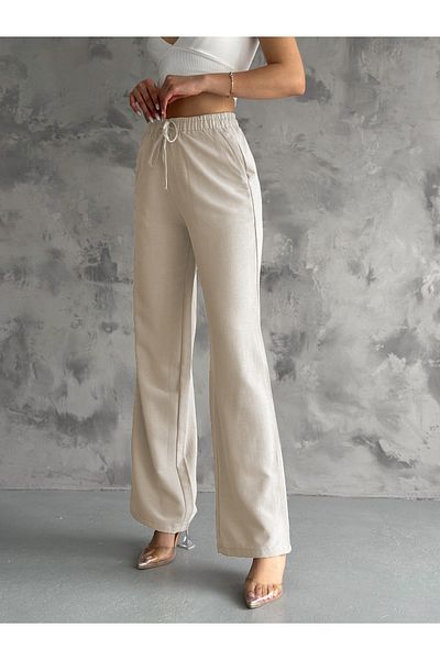 diaves Beige Linen Blended Loose Cut Long Trousers