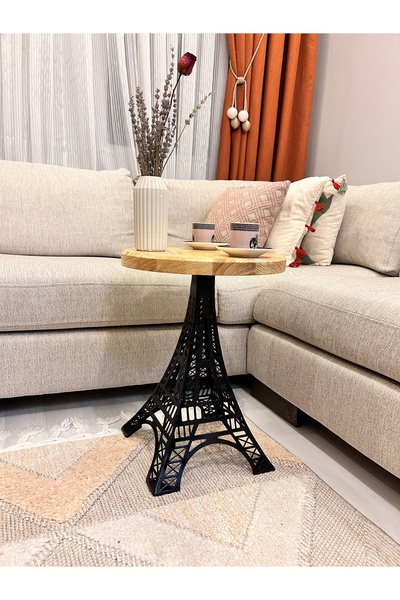 RWL Eiffel Masif Sehpa - Çam Ahşap Üstlü, Eiffel Kule Desenli Metal Ayaklı, 48 cm Yükseklik 35 cm çap