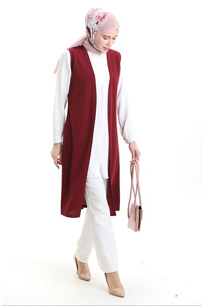 sefamerve Seasonal Long Basic Vest Plus Size Mother Vest 8748-02 Claret Red
