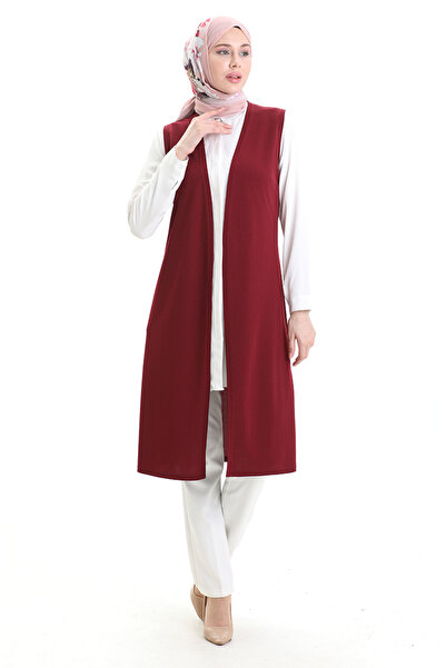 sefamerve Seasonal Long Basic Vest Plus Size Mother Vest 8748-02 Claret Red