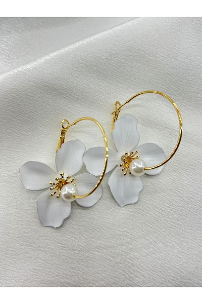 Lavienta White Flower Model Brand Equivalent Hoop Earrings