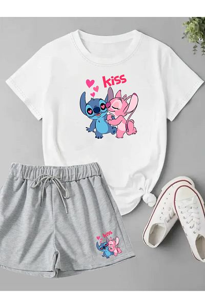 makiteks Set de 2 pantaloni scurți și tricou obișnuiți pentru femei de culoare uni Lilo Stitch Kiss