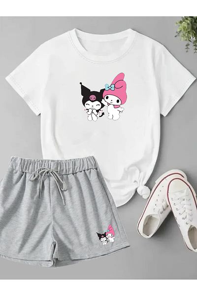makiteks Set de 2 pantaloni scurți obișnuiți și tricou pentru femei de culoare uni Kuromi