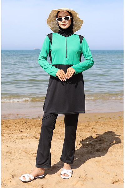 sefamerve Μαγιό Hijab με φερμουάρ 2508-05 Σμαραγδένιο πράσινο μαύρο