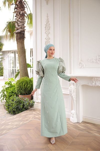 İSM BUTİK Balloon Sleeve Dress with Pearls on the Front