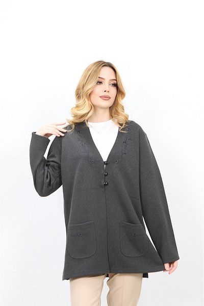Özenli Triko Anthracite 3-Button Embroidered Steel Knitted Mother Cardigan