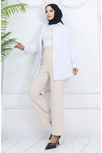 sefamerve Pantaloni cu picioare largi 4001-05 Bej