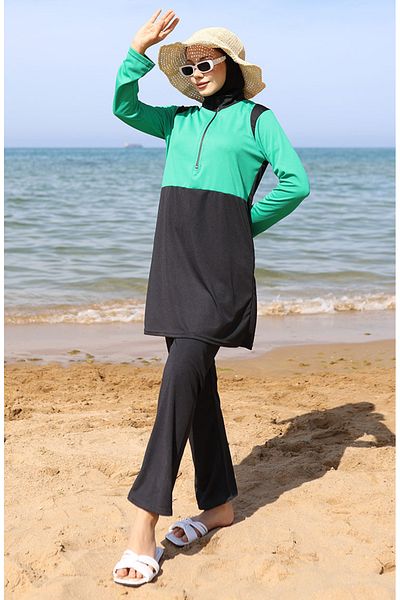 sefamerve Μαγιό Hijab με φερμουάρ 2508-05 Σμαραγδένιο πράσινο μαύρο