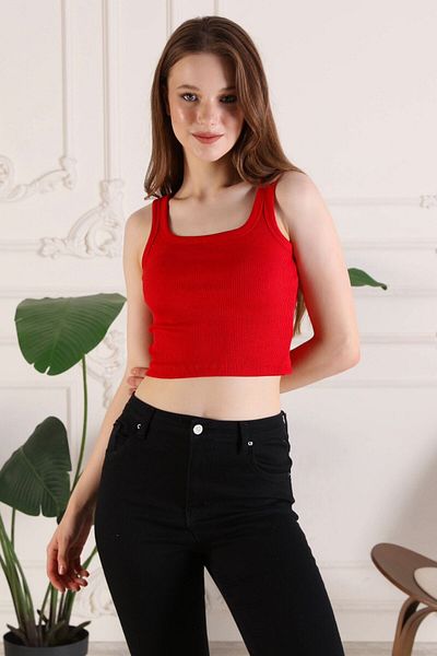 segrock Women's U Neck Camisole Red White 2 Piece Crop Corduroy