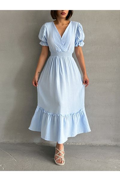 BEJNA Women's Blue Double Breasted Collar Gimped Muslin Dress